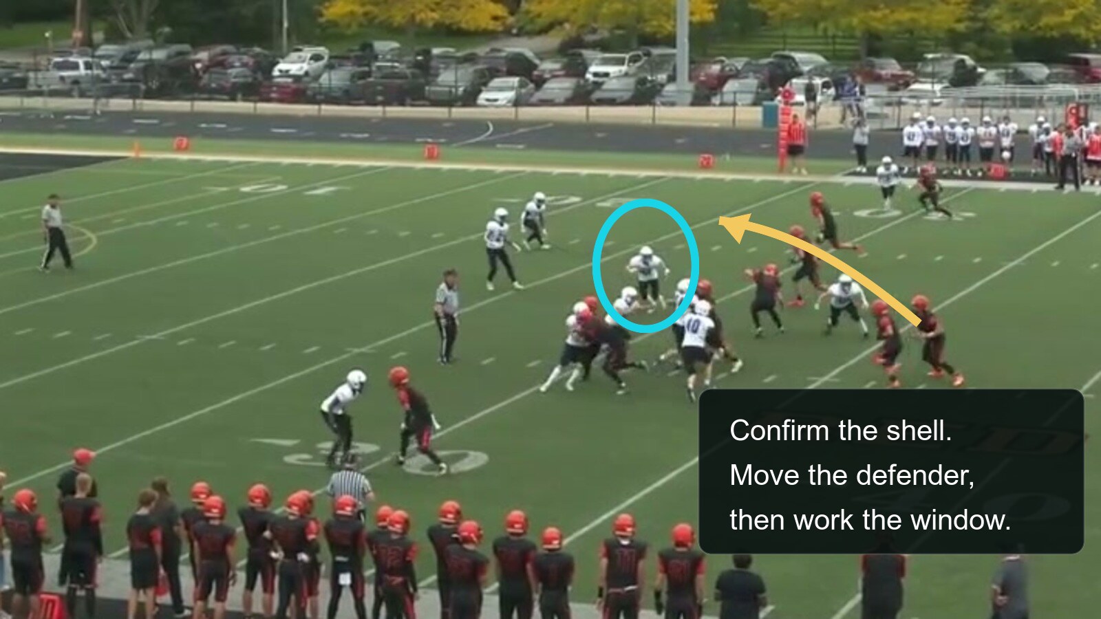 Quarterback film frame with coverage and route coaching annotations